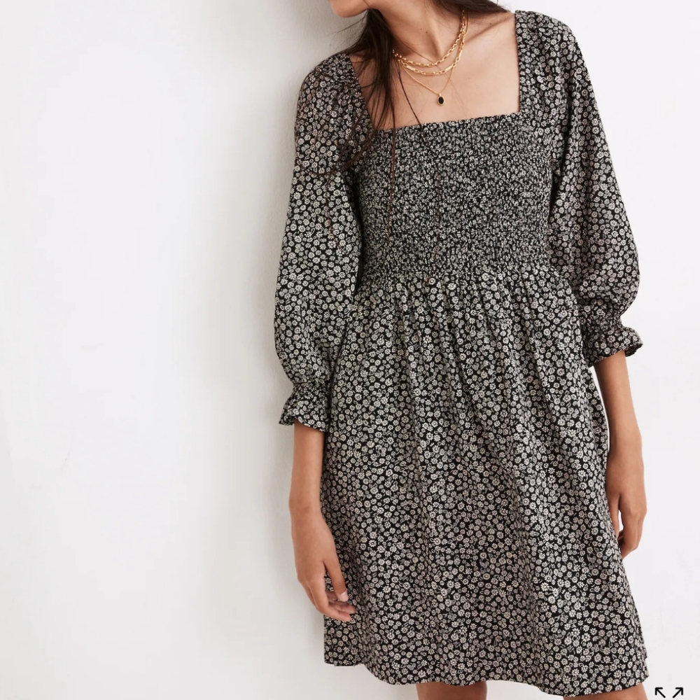 Madewell Lucie Elbow-Sleeve Smocked Mini Dress in Parisian Ditsy